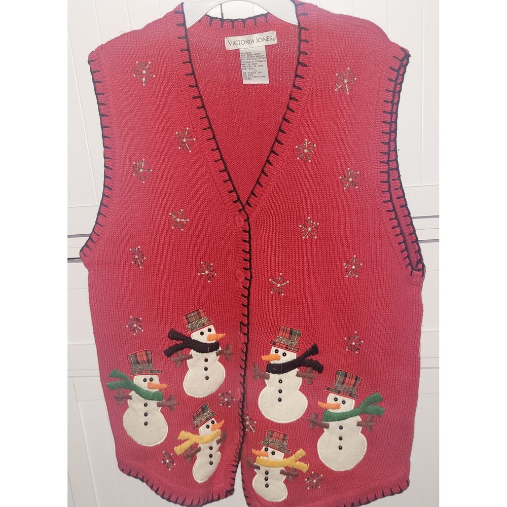 Victoria Jones Womens Christmas Snowman‎ Knit Sweater Vest Holiday Large 90s